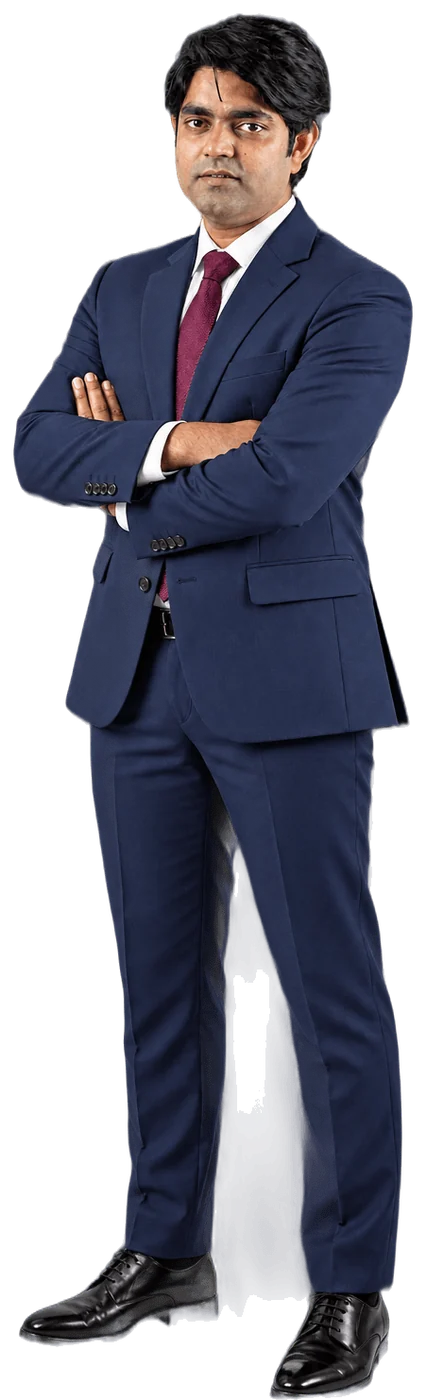 Md. Zahirul Islam, full-length, in a navy suit and burgundy tie, arms crossed